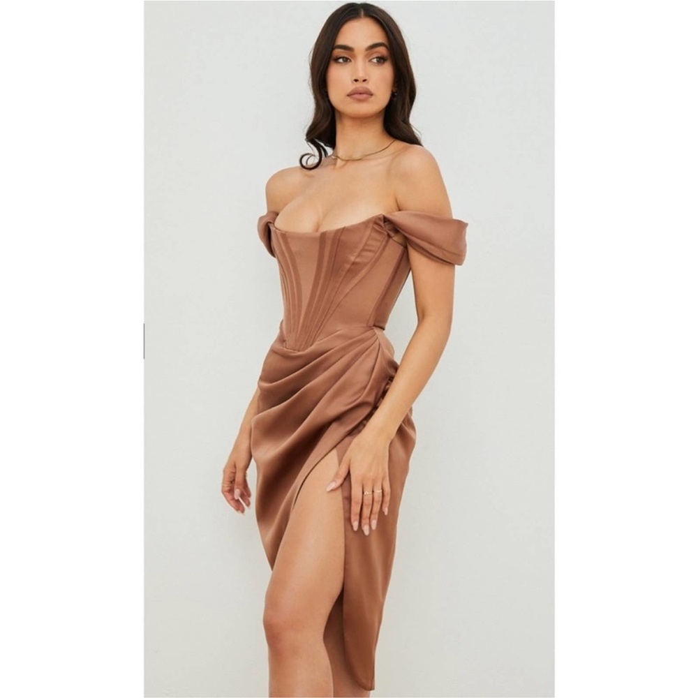 HOUSE OF CB Loretta Brown Toffee Satin Off Shoulder Corset Bustier Drape Dress